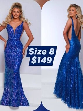 2 Cute Royal Blue Sequin Backless Mermaid Gown